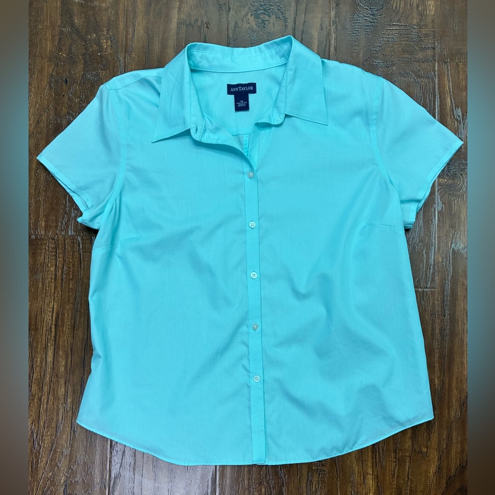 Ann Taylor Short Sleeve Teal Button Down Size 14- #8038